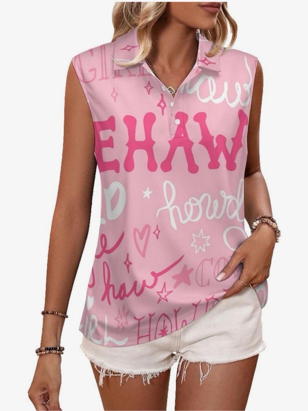 Sleeveless Pink Graphic Polo Tank Top